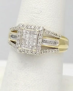 10k Yellow Gold 1/2ct Princess Round Baguette Cut Diamond Halo Ring