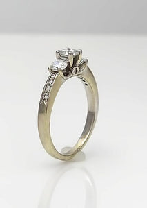 3/4 CT. T.W. Diamond Three Stone Vintage-Style Engagement Ring in 14K White Gold