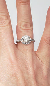 1 CT. T.W. Round Diamond Halo Three Stone Engagement Ring in 14K White Gold