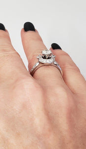 1 CT. T.W. Round Diamond Halo Three Stone Engagement Ring in 14K White Gold