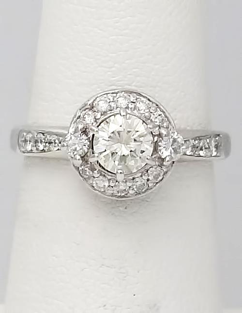1 CT. T.W. Round Diamond Halo Three Stone Engagement Ring in 14K White Gold