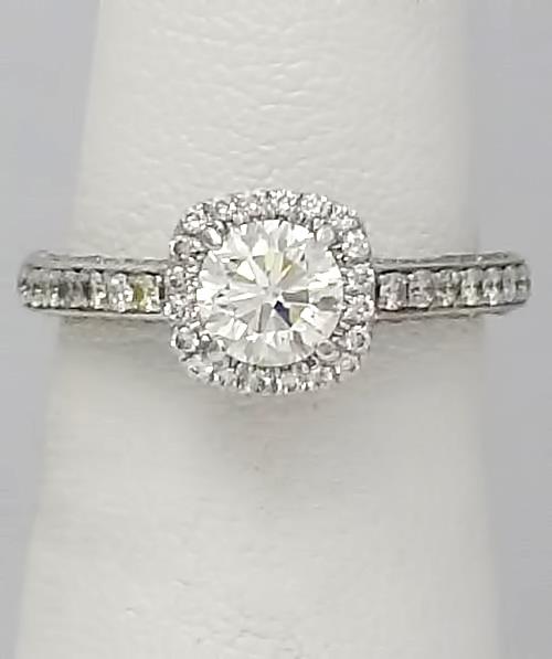 14k White Gold Pave Band 1 1/4ct Round Diamond Princess Halo Engagement Ring