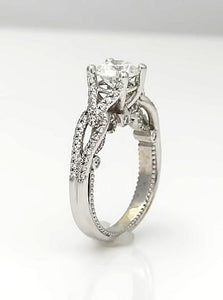 14k White Gold Pave Beaded Band 1 1/2ct Round Diamond Engagement Ring