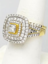 Load image into Gallery viewer, 14k Yellow Gold 2ctw Round Princess Cut Diamond Three Halo Engagement Bridal Set
