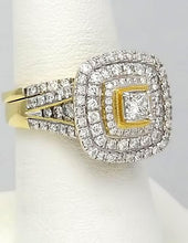 Load image into Gallery viewer, 14k Yellow Gold 2ctw Round Princess Cut Diamond Three Halo Engagement Bridal Set
