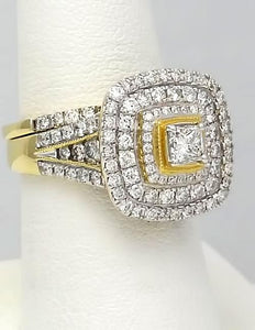 14k Yellow Gold 2ctw Round Princess Cut Diamond Three Halo Engagement Bridal Set