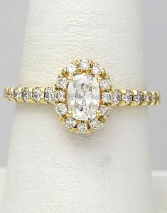 14k Yellow Gold Pave Band 1.00ct Oval Round Diamond Halo Engagement Ring