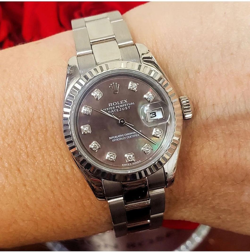 Ladies Rolex Datejust 18k White Gold Mother of Pearl Diamond Dial Oyster 179179