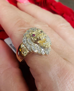 Mens .50ct Diamond & Ruby Lion Ring in 10k Yellow Gold