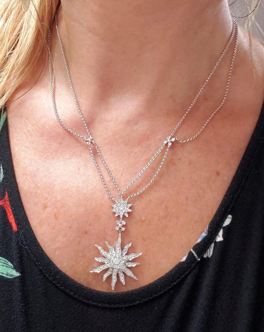 2.00ct Diamond Flower & Star Drop Necklace in 14k White Gold 18