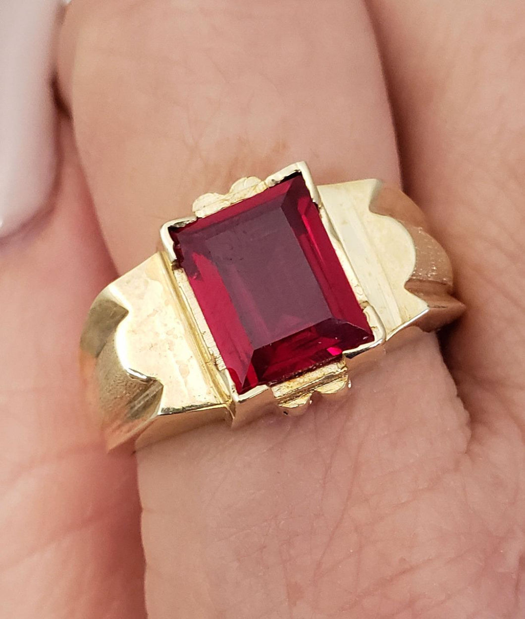 Mens Emerald Cut Red Synthetic Ruby Ring in 10k Yellow Gold
