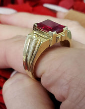 Load image into Gallery viewer, Mens Emerald Cut Red Synthetic Ruby Ring in 10k Yellow Gold
