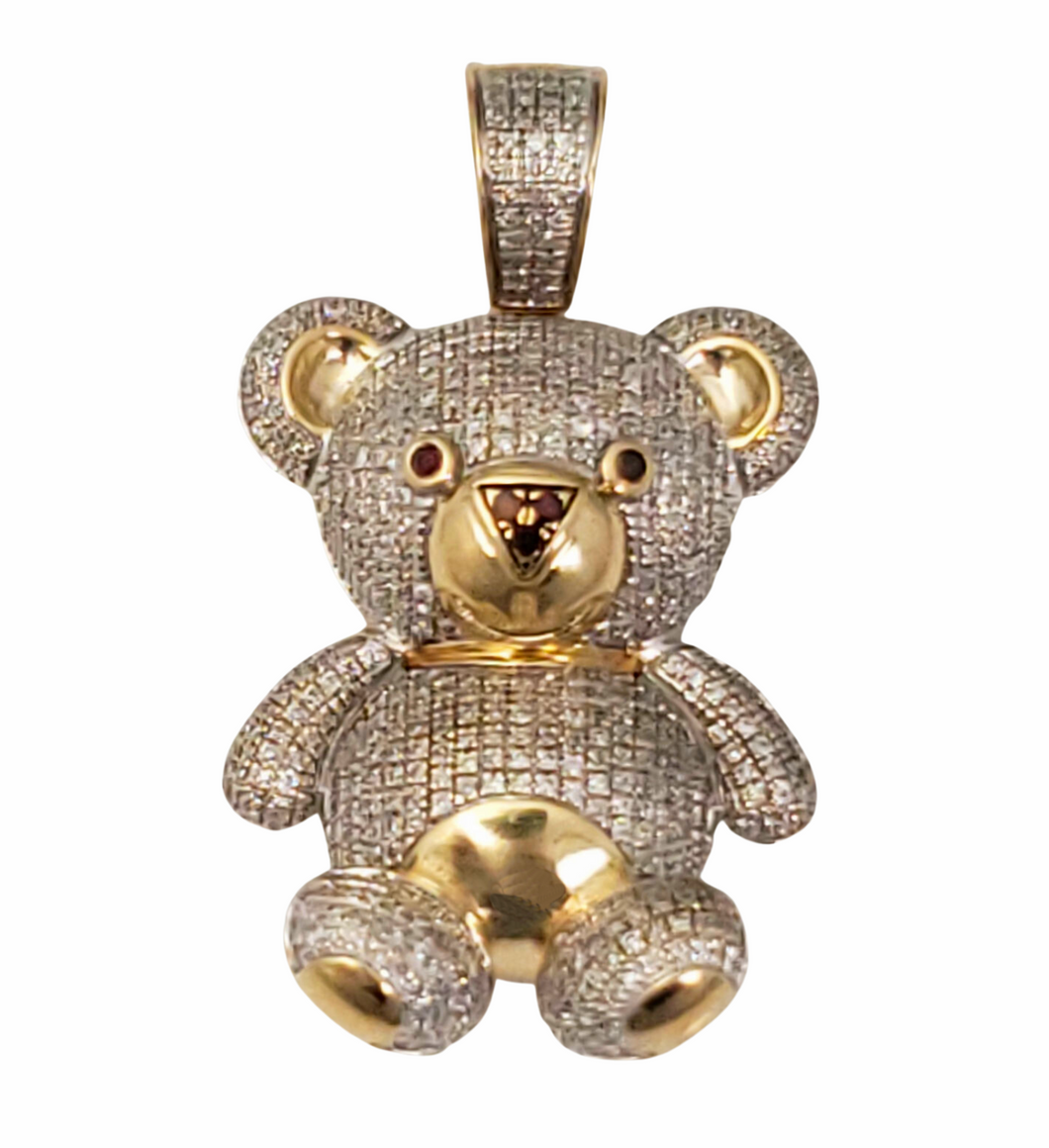 1 1/2ct Diamond 2D Teddy Bear Pendant Charm in 10k Yellow Gold 1 1/2