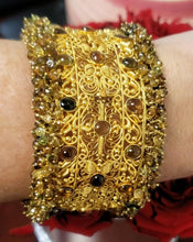 Load image into Gallery viewer, 20k Yellow Gold Wide Filigree Cabachon Multi Gemstone Bangle Bracelet
