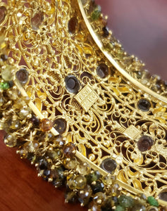 20k Yellow Gold Wide Filigree Cabachon Multi Gemstone Bangle Bracelet