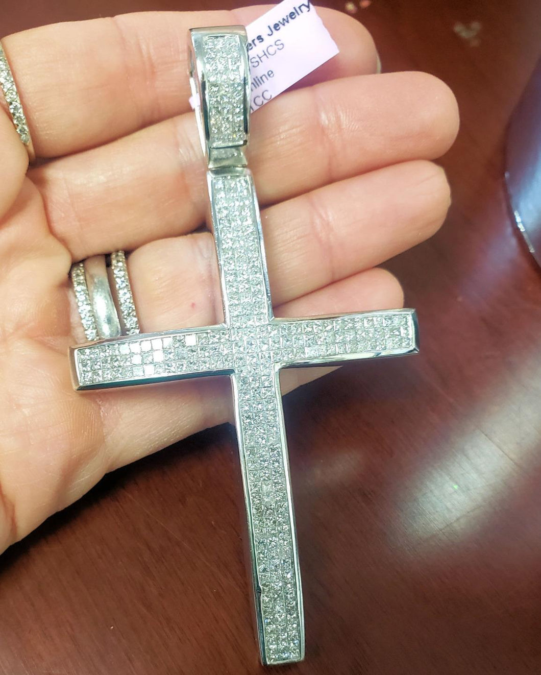 Mens 14k White Gold 12.00ct Diamond Invisible Set Religious Cross Pendant 3.85