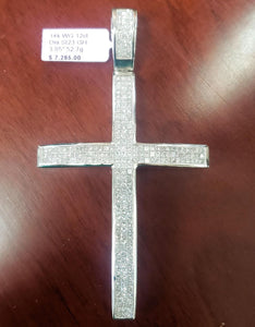 Mens 14k White Gold 12.00ct Diamond Invisible Set Religious Cross Pendant 3.85"