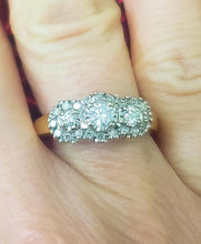 Load image into Gallery viewer, Three Diamond Cluster Halo Three Stone Engagement Ring 14k Yellow Gold
