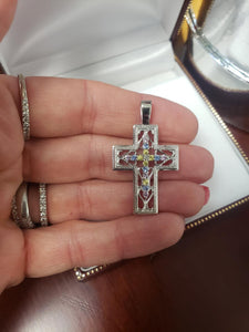 10k White Gold Pink, Yellow, Blue Topaz, Diamond Cross Pendant