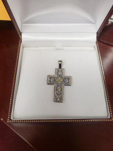 10k White Gold Pink, Yellow, Blue Topaz, Diamond Cross Pendant