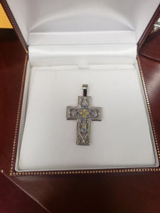 10k White Gold Pink, Yellow, Blue Topaz, Diamond Cross Pendant