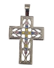 Load image into Gallery viewer, 10k White Gold Pink, Yellow, Blue Topaz, Diamond Cross Pendant
