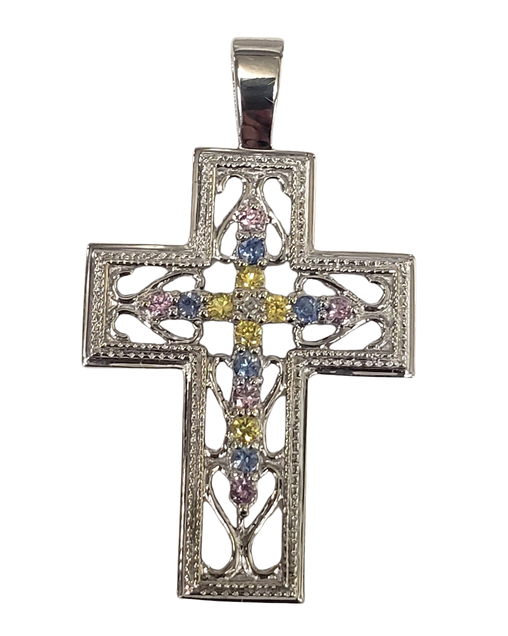 10k White Gold Pink, Yellow, Blue Topaz, Diamond Cross Pendant