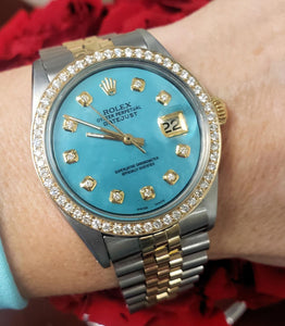 36mm Rolex Datejust Two Tone Gold Steel Jubilee Tiffany Blue Diamond Watch 1601