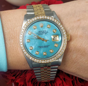 36mm Rolex Datejust Two Tone Gold Steel Jubilee Tiffany Blue Diamond Watch 1601