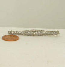 Load image into Gallery viewer, VINTAGE 14K WHITE GOLD MINE CUT DIAMOND FILIGREE BROOCH PIN 2&quot;
