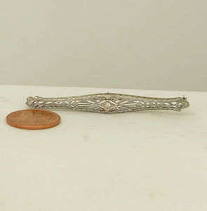 VINTAGE 14K WHITE GOLD MINE CUT DIAMOND FILIGREE BROOCH PIN 2"