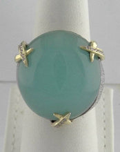Load image into Gallery viewer, LADIES 925 18K YELLOW GOLD TEXTURED CABOCHON CHRYSOPRASE DIAMOND RING 7 3/4
