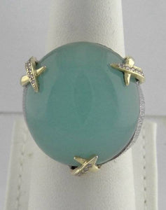 LADIES 925 18K YELLOW GOLD TEXTURED CABOCHON CHRYSOPRASE DIAMOND RING 7 3/4