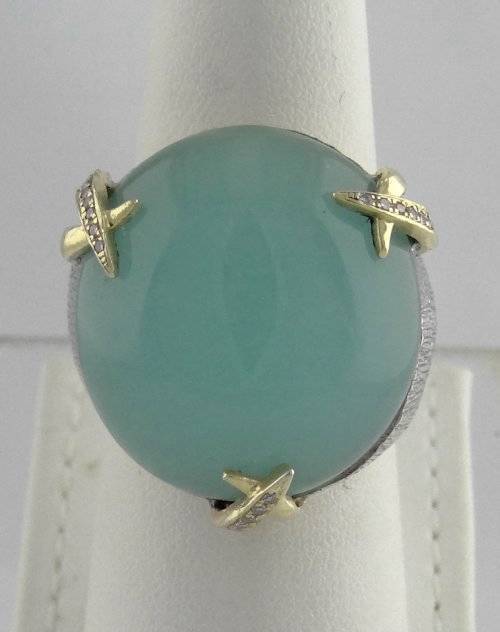 LADIES 925 18K YELLOW GOLD TEXTURED CABOCHON CHRYSOPRASE DIAMOND RING 7 3/4