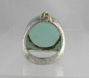 LADIES 925 18K YELLOW GOLD TEXTURED CABOCHON CHRYSOPRASE DIAMOND RING 7 3/4