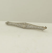 Load image into Gallery viewer, VINTAGE 14K WHITE GOLD MINE CUT DIAMOND FILIGREE BROOCH PIN 2&quot;
