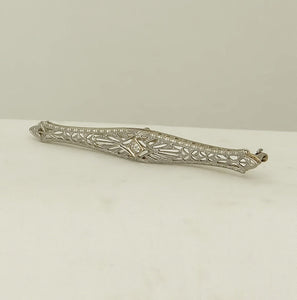 VINTAGE 14K WHITE GOLD MINE CUT DIAMOND FILIGREE BROOCH PIN 2"