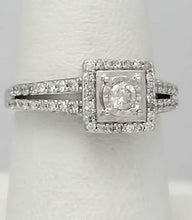 Load image into Gallery viewer, LADIES 10k WHITE GOLD 1/2ct ROUND DIAMOND ILLUSION HEAD HALO ENGAGEMENT RING
