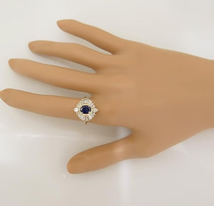14k YELLOW GOLD 1.00ct OVAL BLUE SAPPHIRE 1.00ct BAGUETTE DIAMOND BALLERINA RING