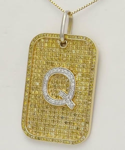 14k YELLOW GOLD 3.00ct YELLOW DIAMOND LETTER Q INITIAL DOG TAG PENDANT 2.33"