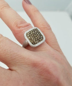 LADIES NEW 14k WHITE GOLD .50ct ROUND BROWN DIAMOND SQUARE BARK FINISH RING