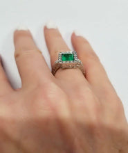 Load image into Gallery viewer, LADIES 14k WHITE GOLD 2.65ct PRINCESS CUT EMERALD 1/4ct ROUND DIAMOND HALO RING
