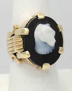 14k YELLOW GOLD CUSTOM MADE OVAL BLACK ONYX WHITE CARVED ANIMAL CAT RING