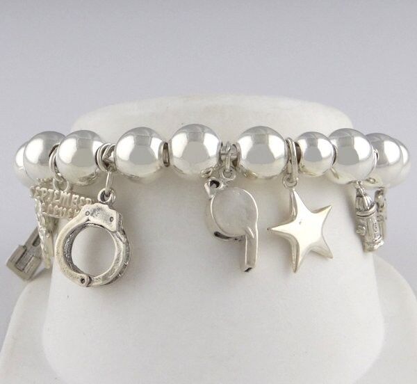 LADIES 925 SILVER CUFF 9/11 FIRE HYDRANT GOD BLESS AMERICA CHARM BRACELET 6 1/4