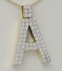 10k YELLOW GOLD 2.50ct ROUND DIAMOND 3D LETTER A INITIAL PENDANT 10.7g 1.44"