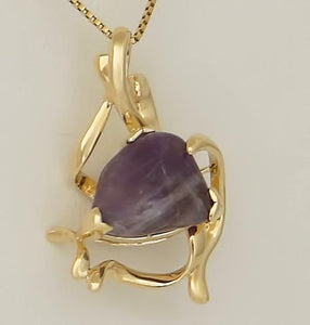 14k YELLOW GOLD HIGH POLISH CUSTOM MADE TUMBLED NATURAL AMETHYST PENDANT 1.28"