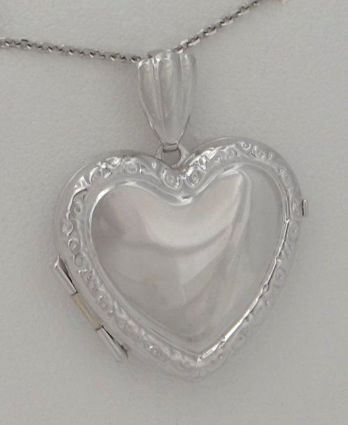 LADIES GIRLS 14K WHITE GOLD ENGRAVABLE HEART LOVE LOCKET PENDANT CHARM 1