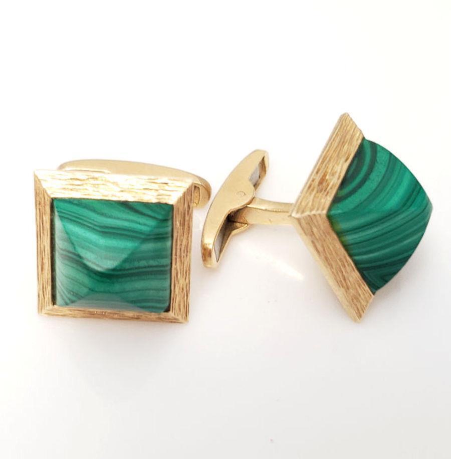 14k Yellow Gold Green Malachite Domed Cuff Links