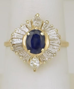 14k YELLOW GOLD 1.00ct OVAL BLUE SAPPHIRE 1.00ct BAGUETTE DIAMOND BALLERINA RING