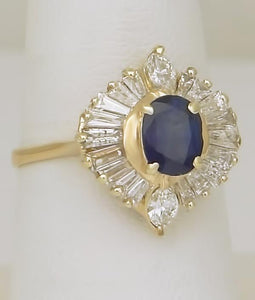 14k YELLOW GOLD 1.00ct OVAL BLUE SAPPHIRE 1.00ct BAGUETTE DIAMOND BALLERINA RING